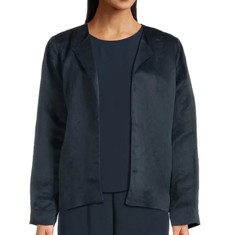 NWT Eileen Fisher Open Front Short Jacket M Navy Linen Silk Round Neck Pockets